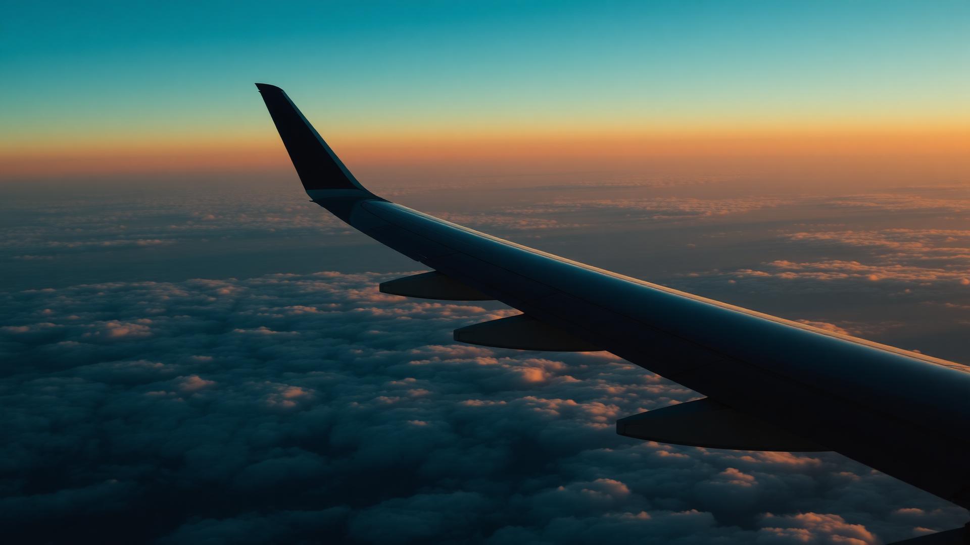 View of an airplane wing above the clouds at golden hour